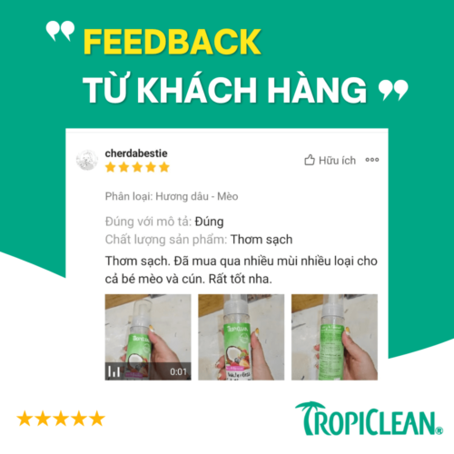 Bọt tắm khô dưỡng lông cho mèo Tropiclean 220ml - Hương dâu